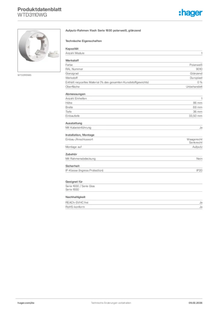 Bild Hager Produktdatenblatt WTD3110WG | Hager Deutschland
