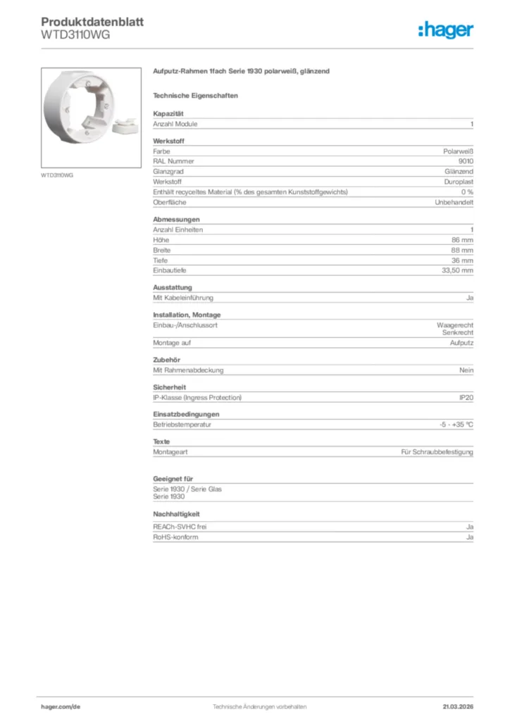 Bild Hager Produktdatenblatt WTD3110WG | Hager Deutschland
