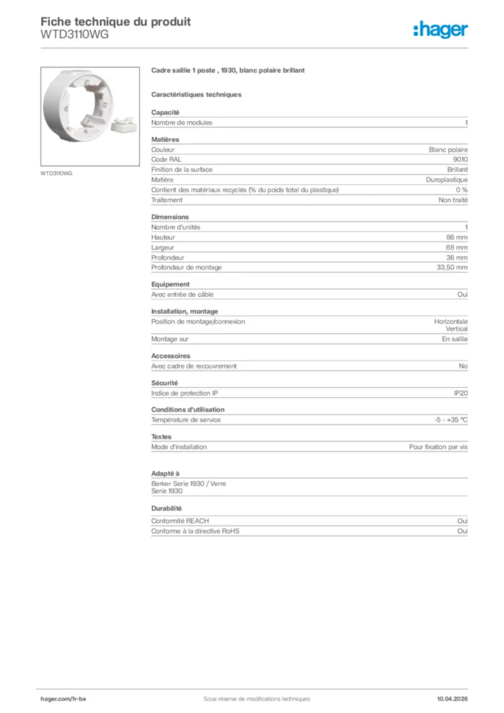 Image Hager Fiche technique du produit WTD3110WG | Hager Belgique