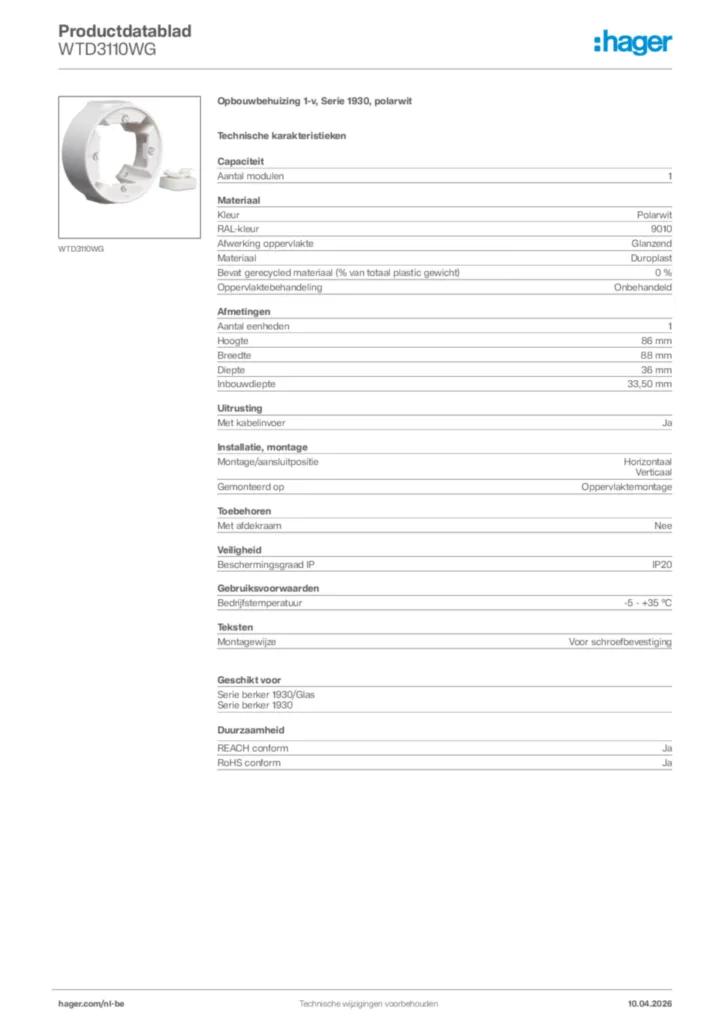 Afbeelding Hager Productdatablad WTD3110WG | Hager Belgium