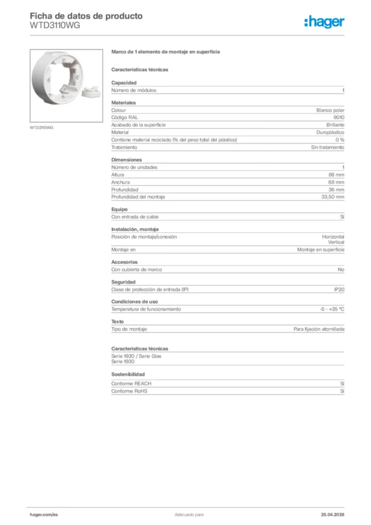 Imagen Hager Ficha de datos de producto WTD3110WG | Hager España