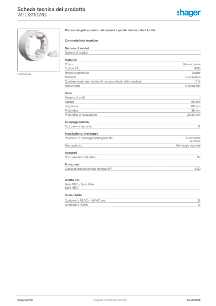 Immagine Hager Scheda tecnica del prodotto WTD3110WG | Hager Italia