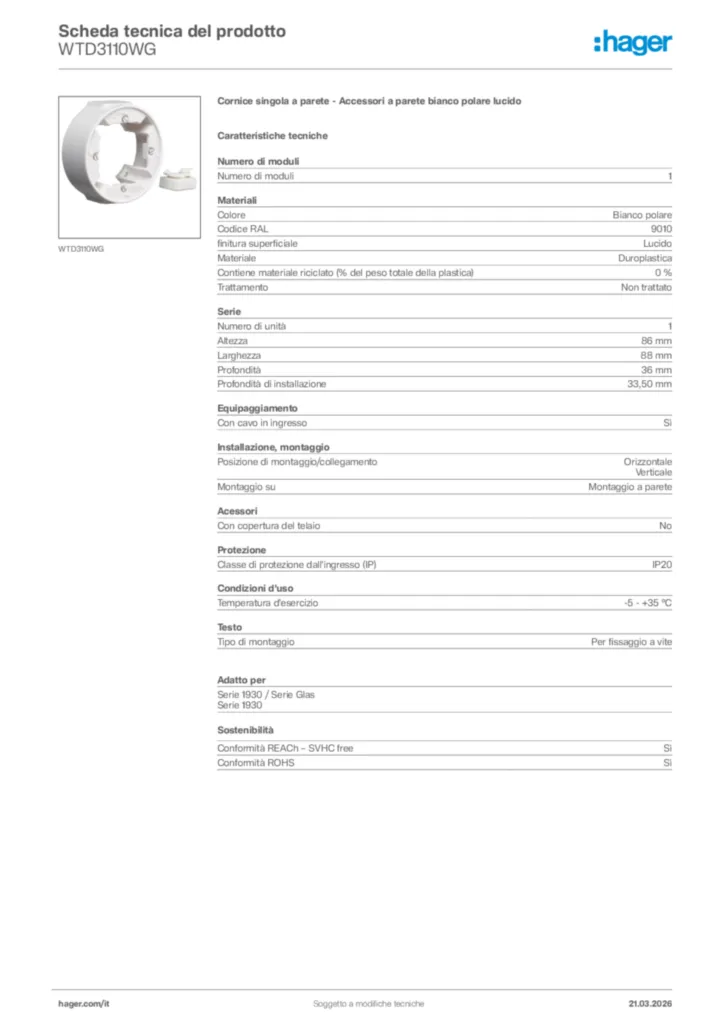 Immagine Hager Scheda tecnica del prodotto WTD3110WG | Hager Italia