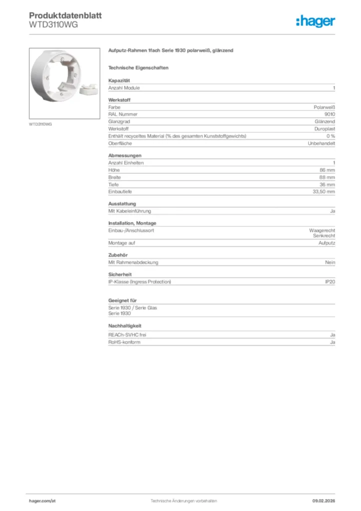 Bild Hager Produktdatenblatt WTD3110WG | Hager Deutschland