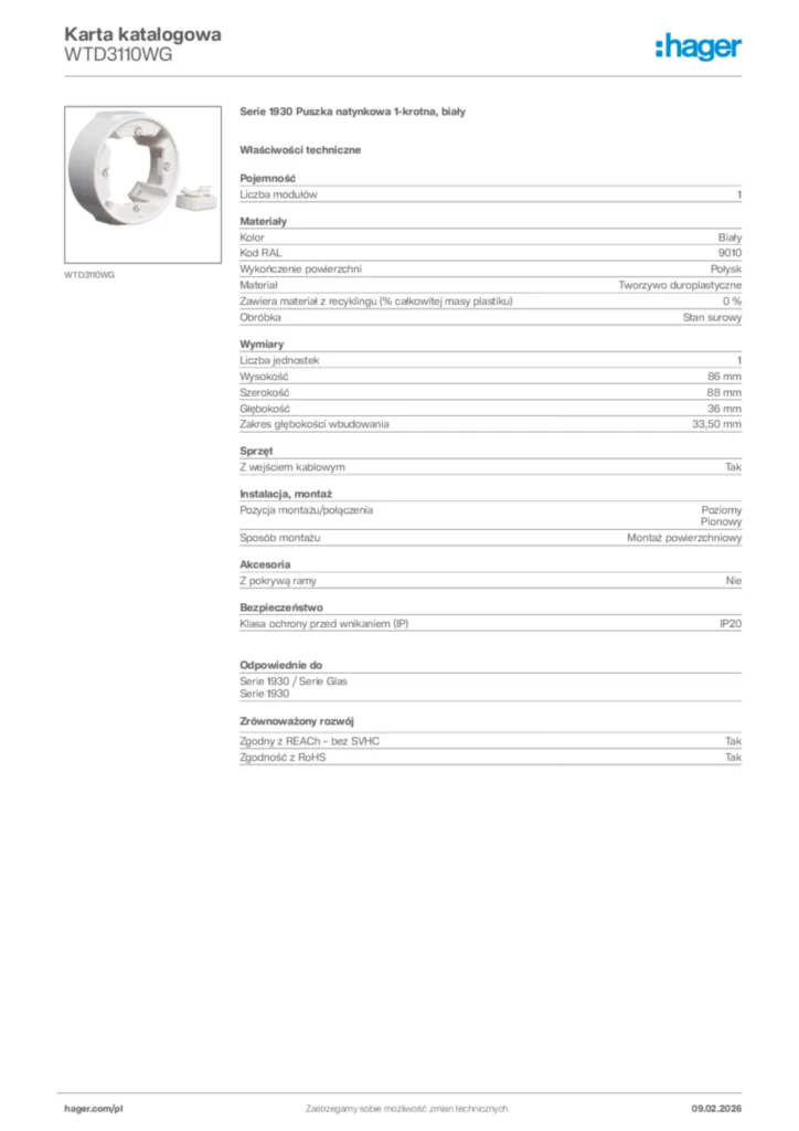 Zdjęcie Hager Karta katalogowa WTD3110WG | Hager Polska