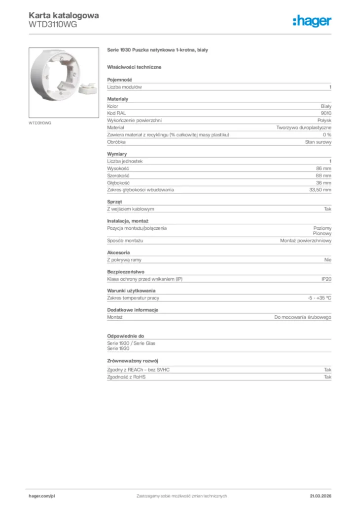 Zdjęcie Hager Karta katalogowa WTD3110WG | Hager Polska