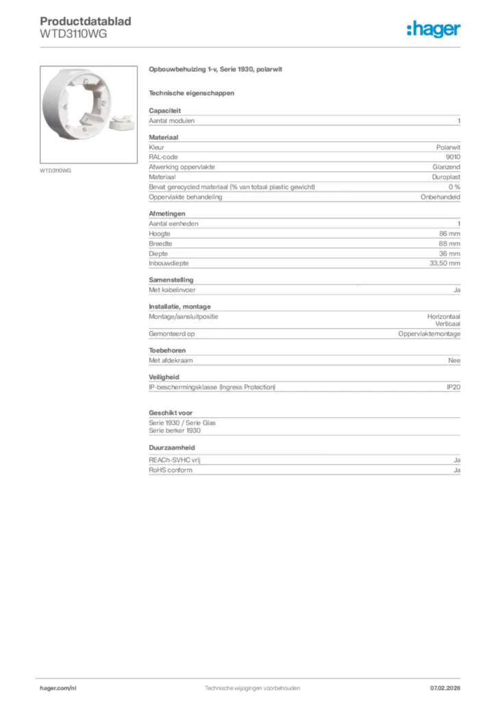 Afbeelding Hager Productdatablad WTD3110WG | Hager Nederland