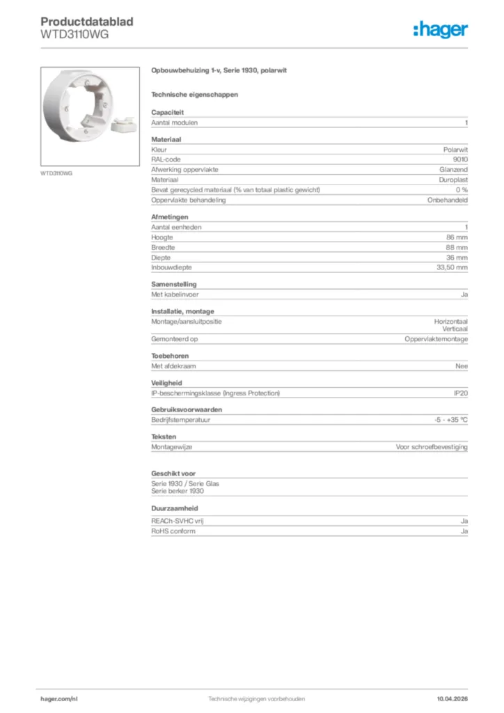 Afbeelding Hager Productdatablad WTD3110WG | Hager Nederland