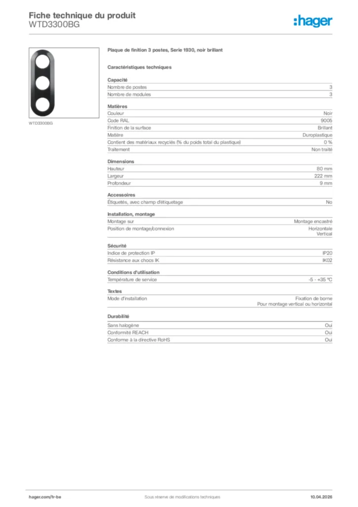 Image Hager Fiche technique du produit WTD3300BG | Hager Belgique