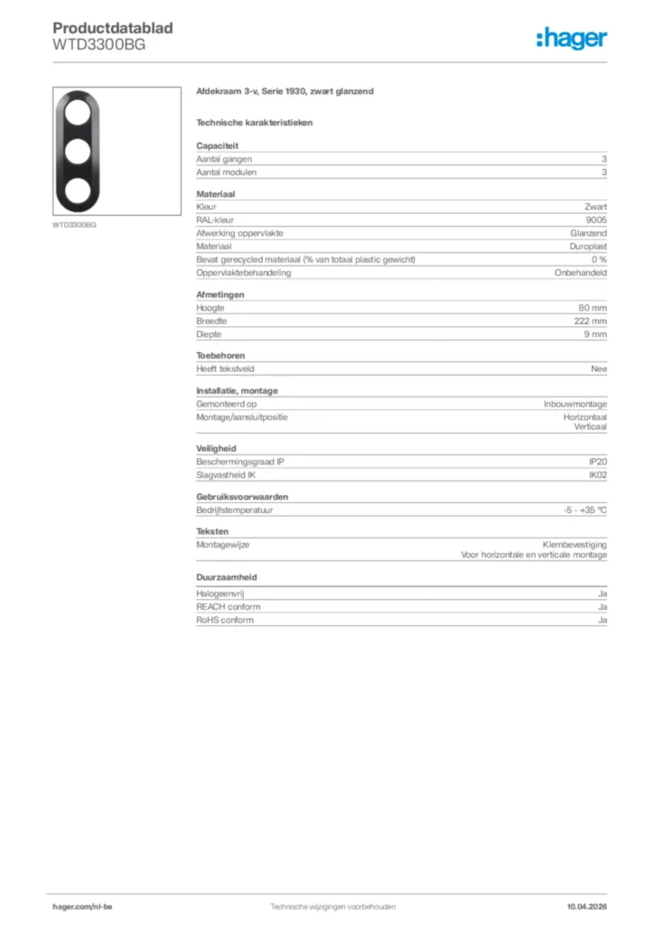 Afbeelding Hager Productdatablad WTD3300BG | Hager Belgium