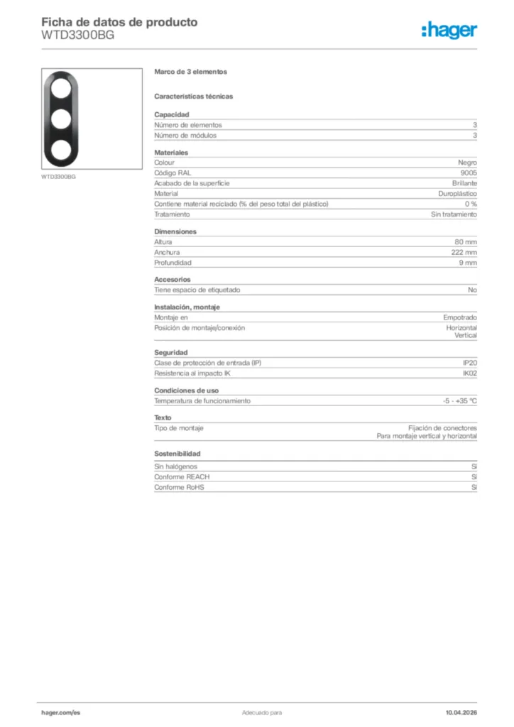 Imagen Hager Ficha de datos de producto WTD3300BG | Hager España