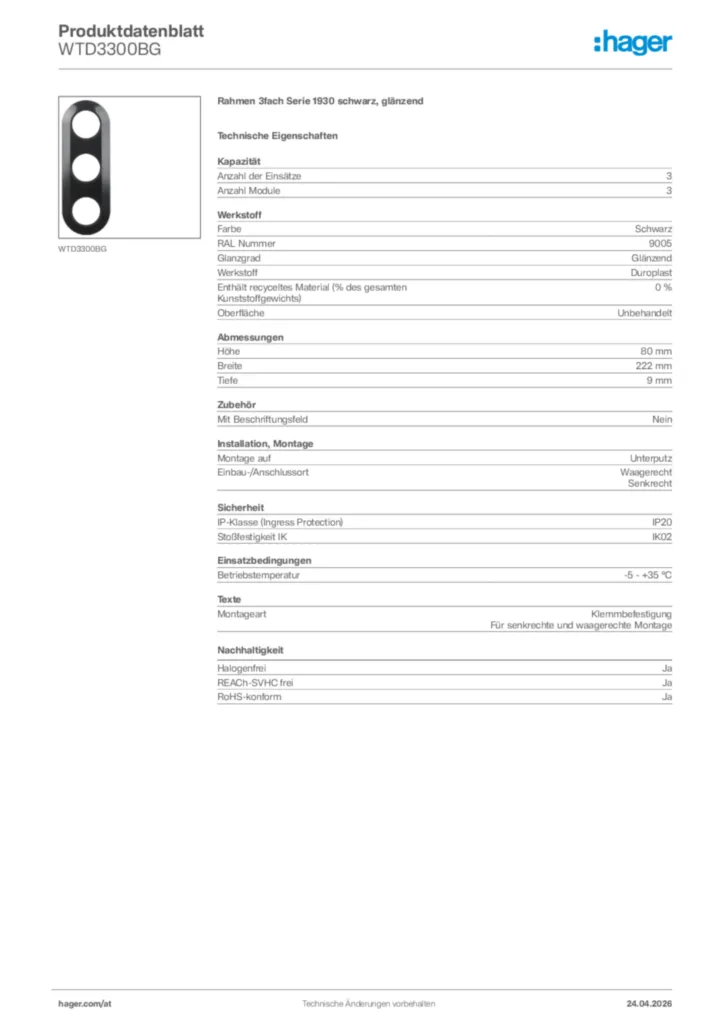 Bild Hager Produktdatenblatt WTD3300BG | Hager Deutschland
