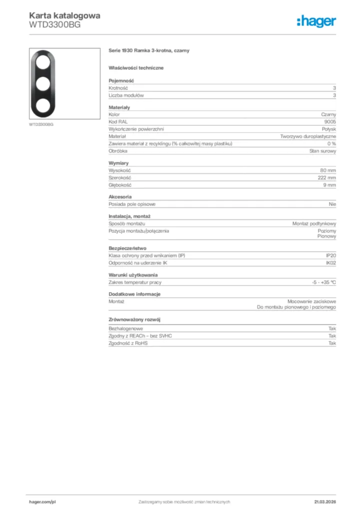 Zdjęcie Hager Karta katalogowa WTD3300BG | Hager Polska