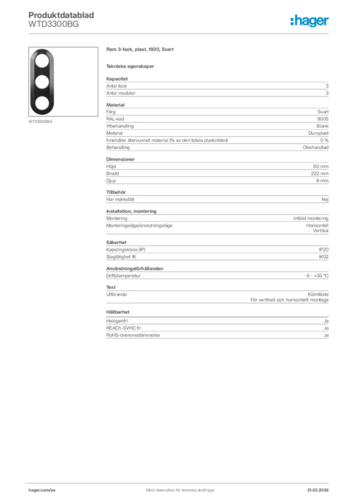 Bild Hager Produktdatablad WTD3300BG | Hager Sverige