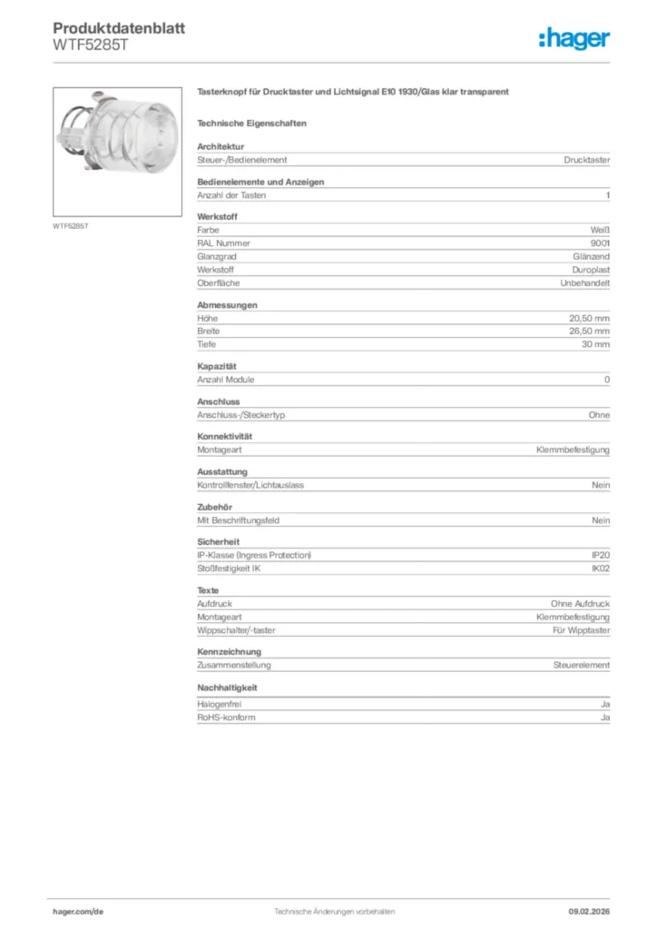 Bild Hager Produktdatenblatt WTF5285T | Hager Deutschland