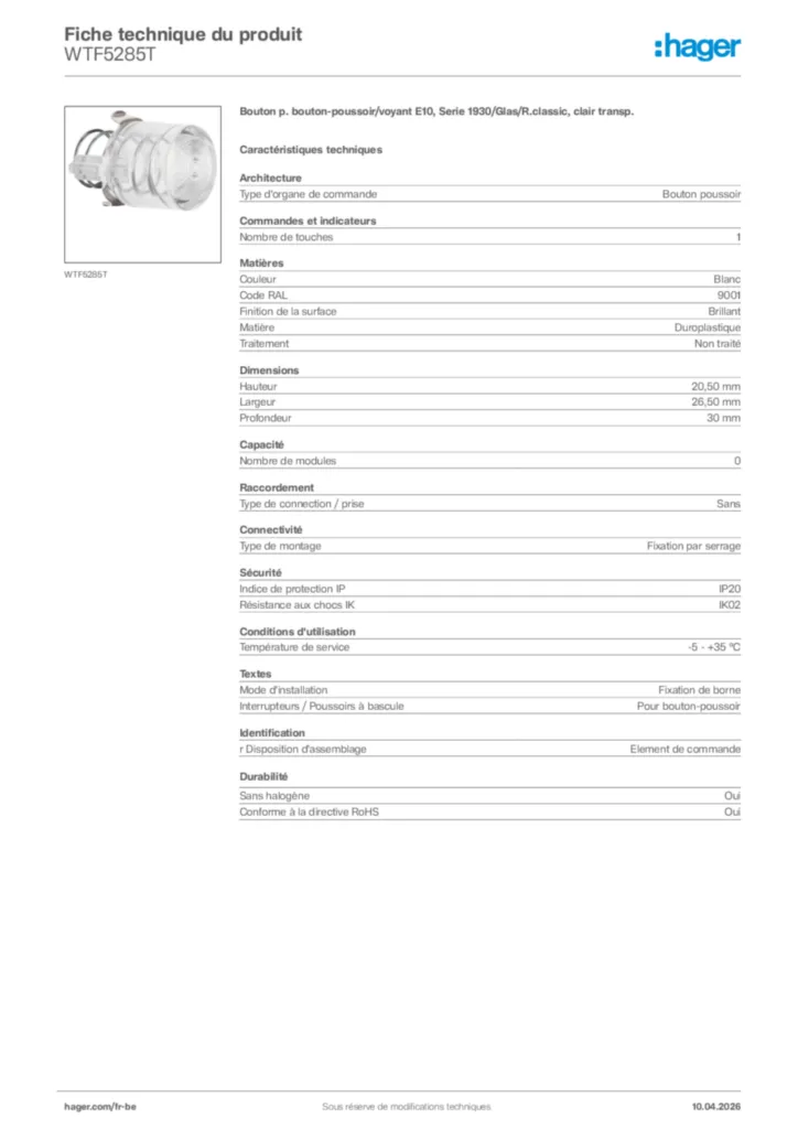 Image Hager Fiche technique du produit WTF5285T | Hager Belgique