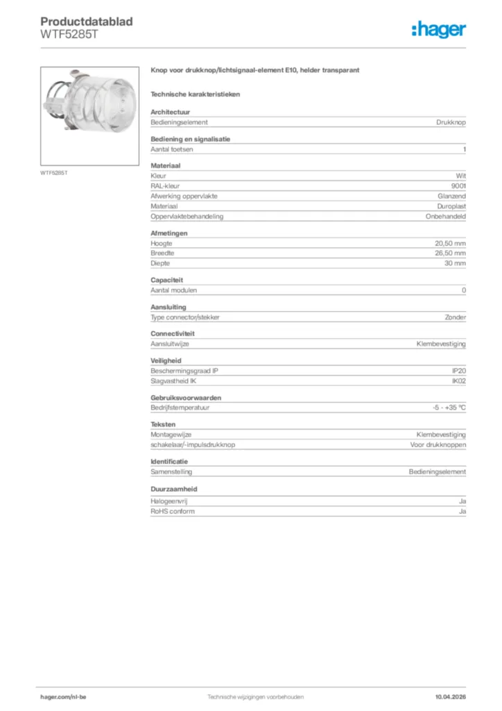 Afbeelding Hager Productdatablad WTF5285T | Hager Belgium