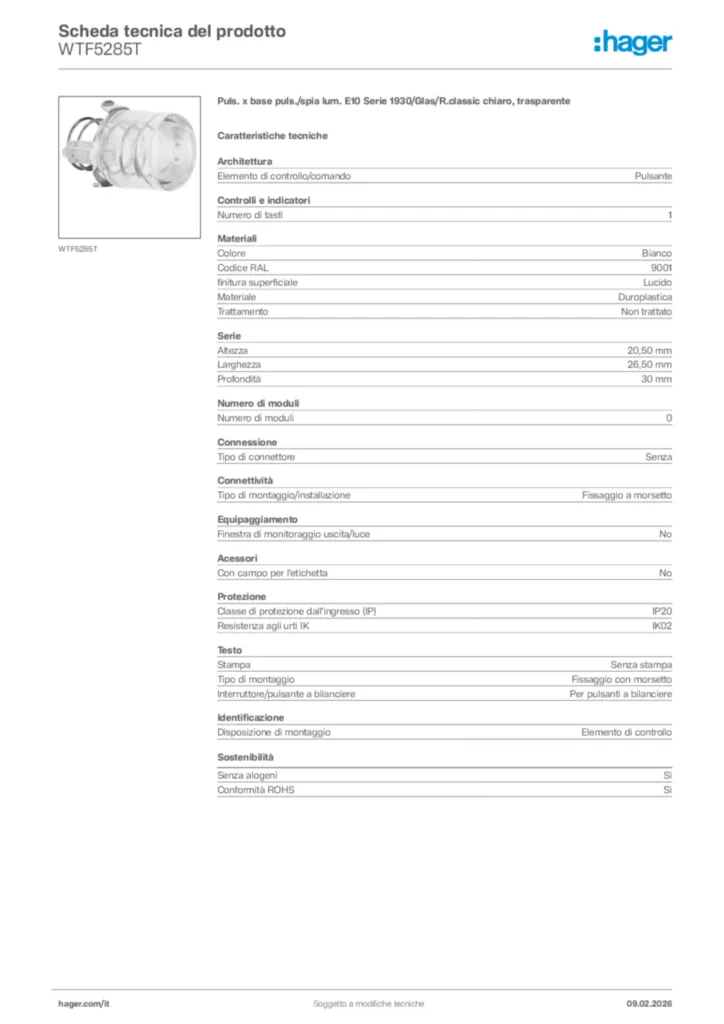 Immagine Hager Scheda tecnica del prodotto WTF5285T | Hager Italia