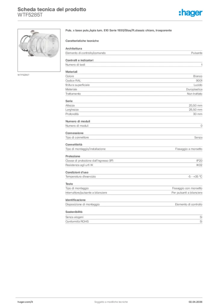Immagine Hager Scheda tecnica del prodotto WTF5285T | Hager Italia