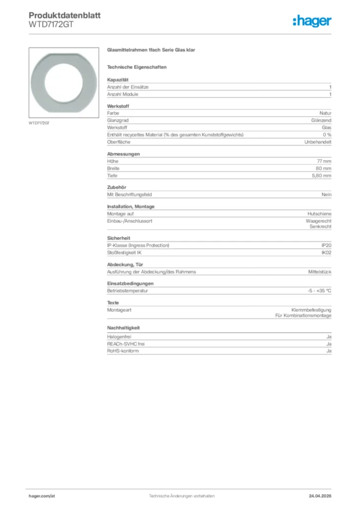 Bild Hager Produktdatenblatt WTD7172GT | Hager Deutschland