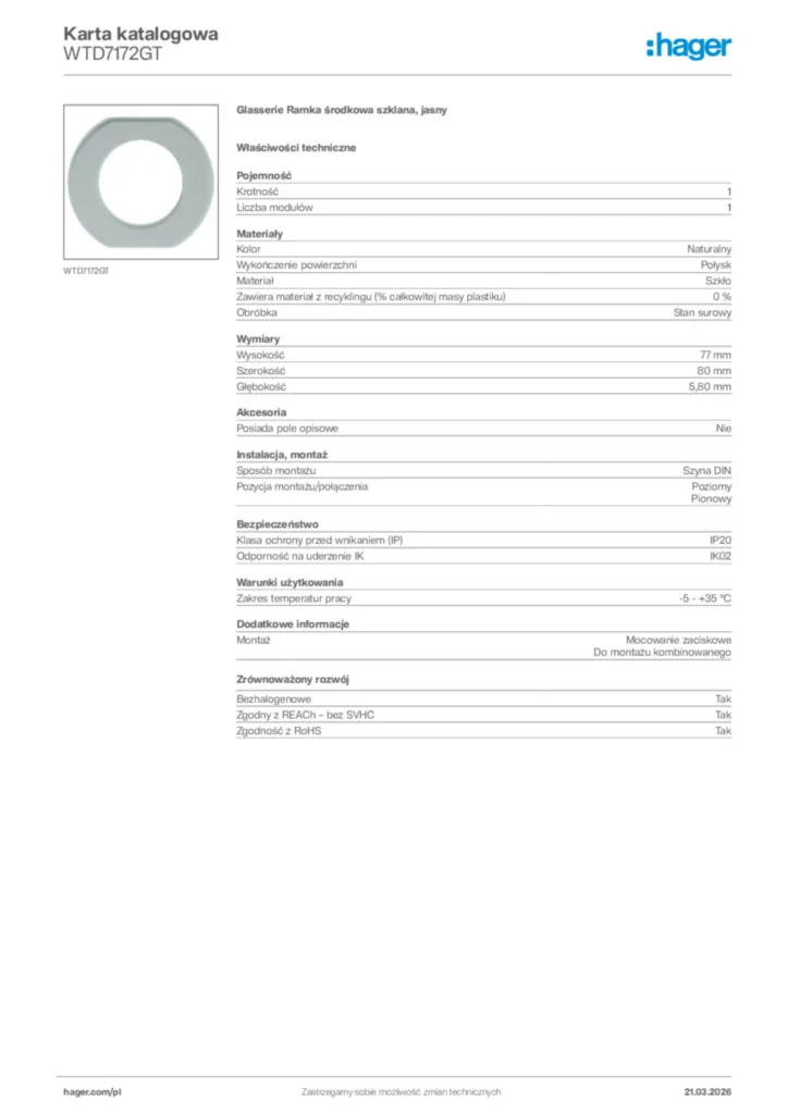Zdjęcie Hager Karta katalogowa WTD7172GT | Hager Polska