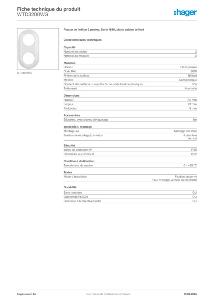 Image Hager Fiche technique du produit WTD3200WG | Hager Belgique