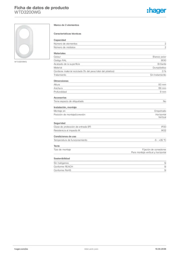 Imagen Hager Ficha de datos de producto WTD3200WG | Hager España