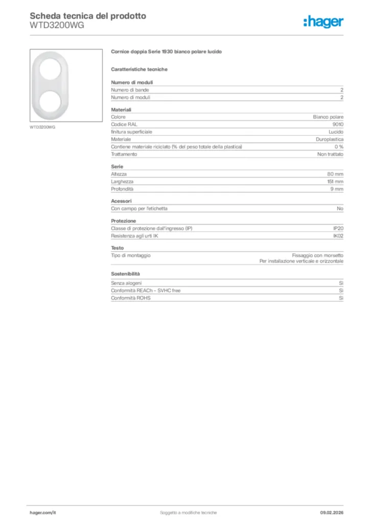 Immagine Hager Scheda tecnica del prodotto WTD3200WG | Hager Italia