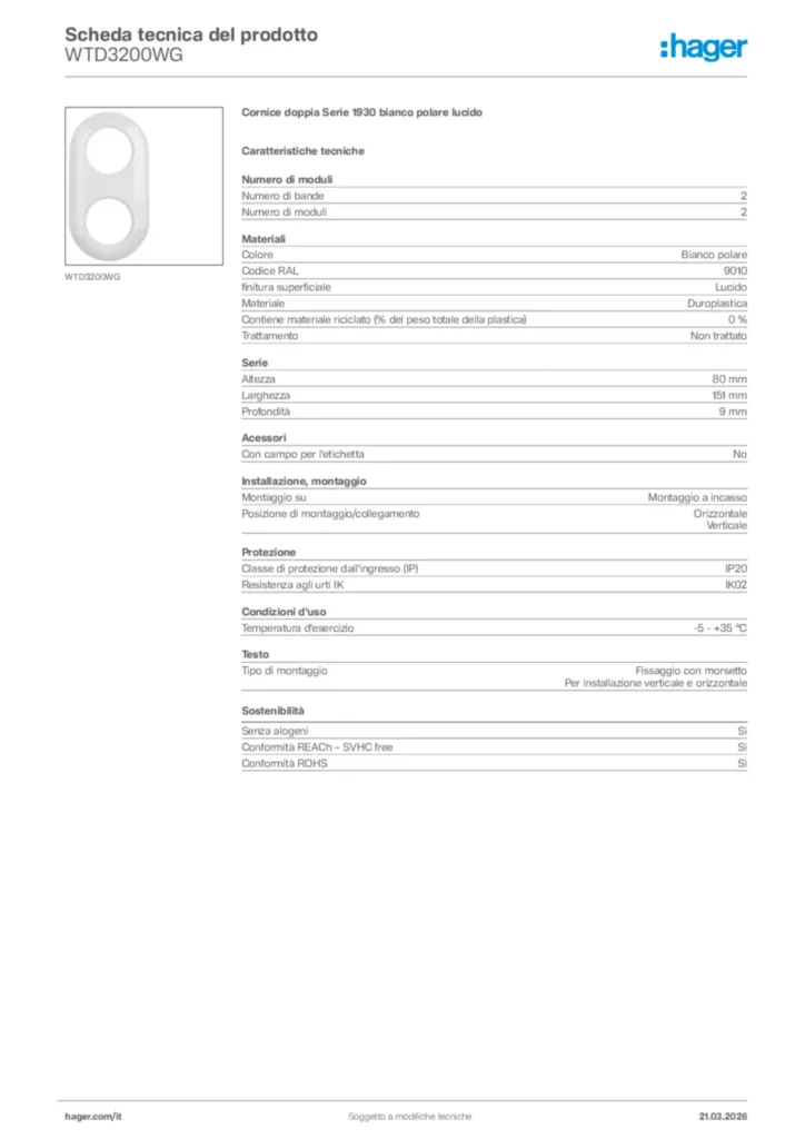 Immagine Hager Scheda tecnica del prodotto WTD3200WG | Hager Italia
