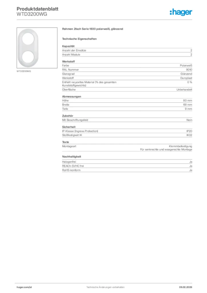 Bild Hager Produktdatenblatt WTD3200WG | Hager Deutschland