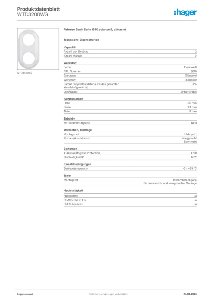 Bild Hager Produktdatenblatt WTD3200WG | Hager Deutschland