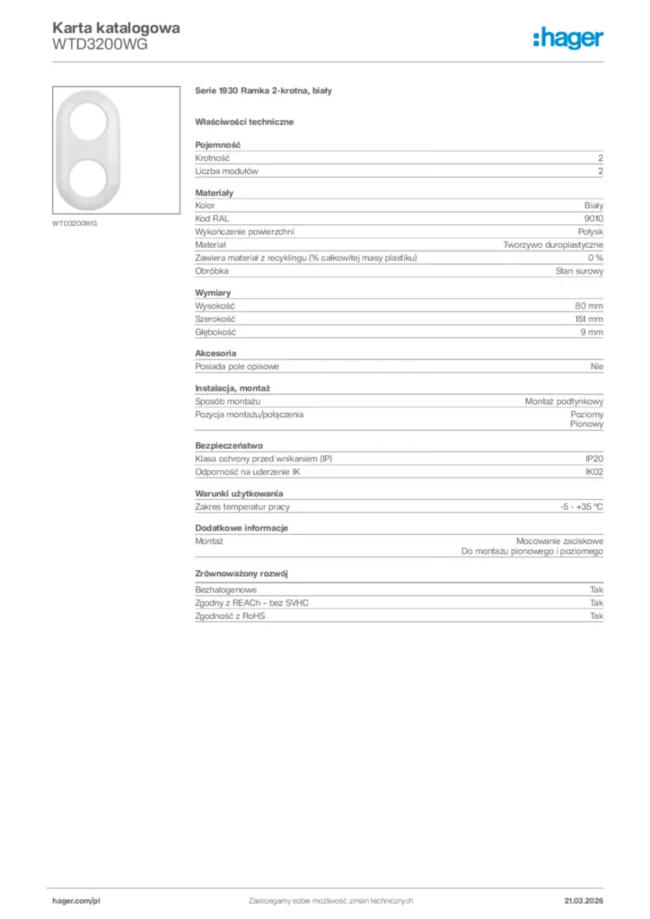 Zdjęcie Hager Karta katalogowa WTD3200WG | Hager Polska