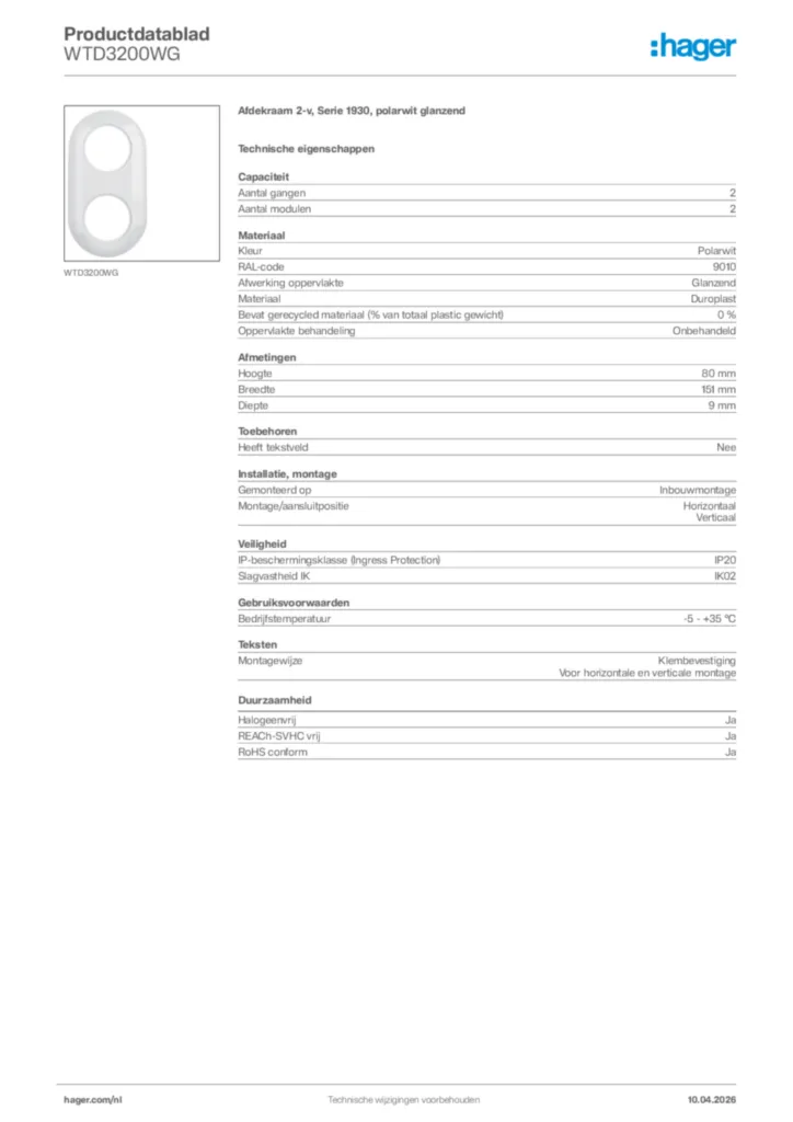 Afbeelding Hager Productdatablad WTD3200WG | Hager Nederland