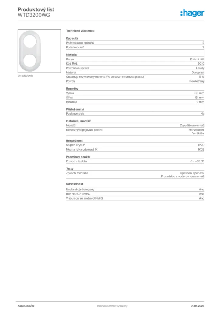 Obrázek Hager Product data sheet WTD3200WG | Hager