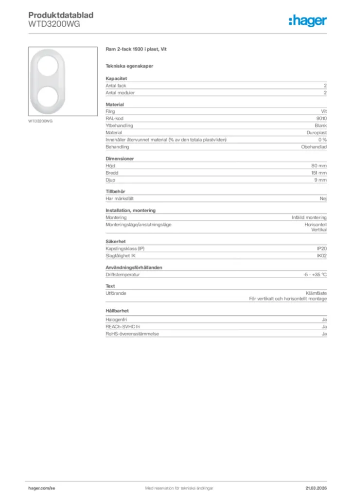 Bild Hager Produktdatablad WTD3200WG | Hager Sverige
