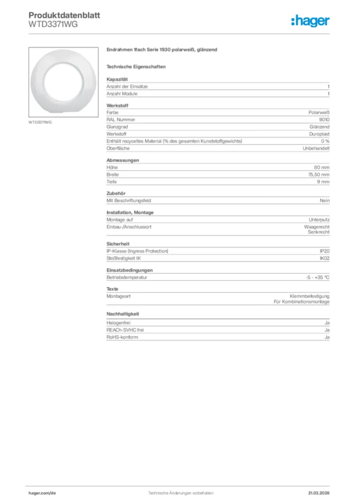 Bild Hager Produktdatenblatt WTD3371WG | Hager Deutschland
