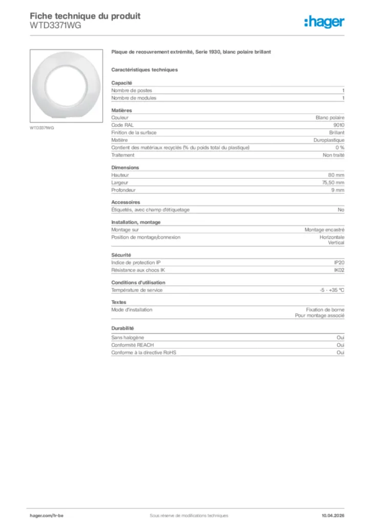 Image Hager Fiche technique du produit WTD3371WG | Hager Belgique