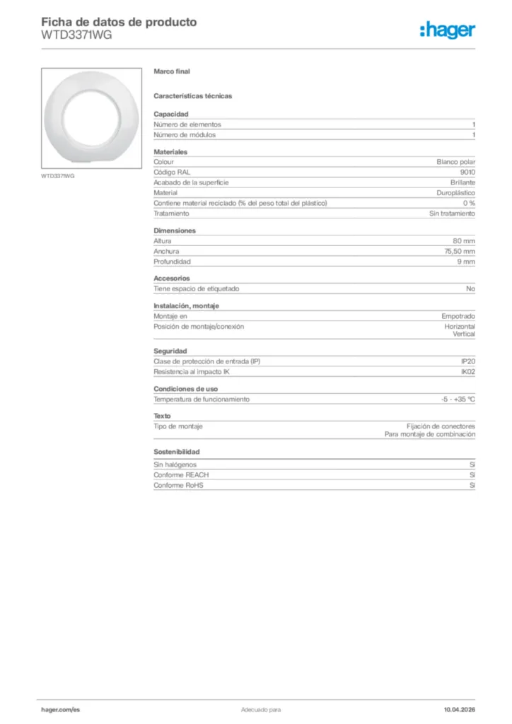 Imagen Hager Ficha de datos de producto WTD3371WG | Hager España