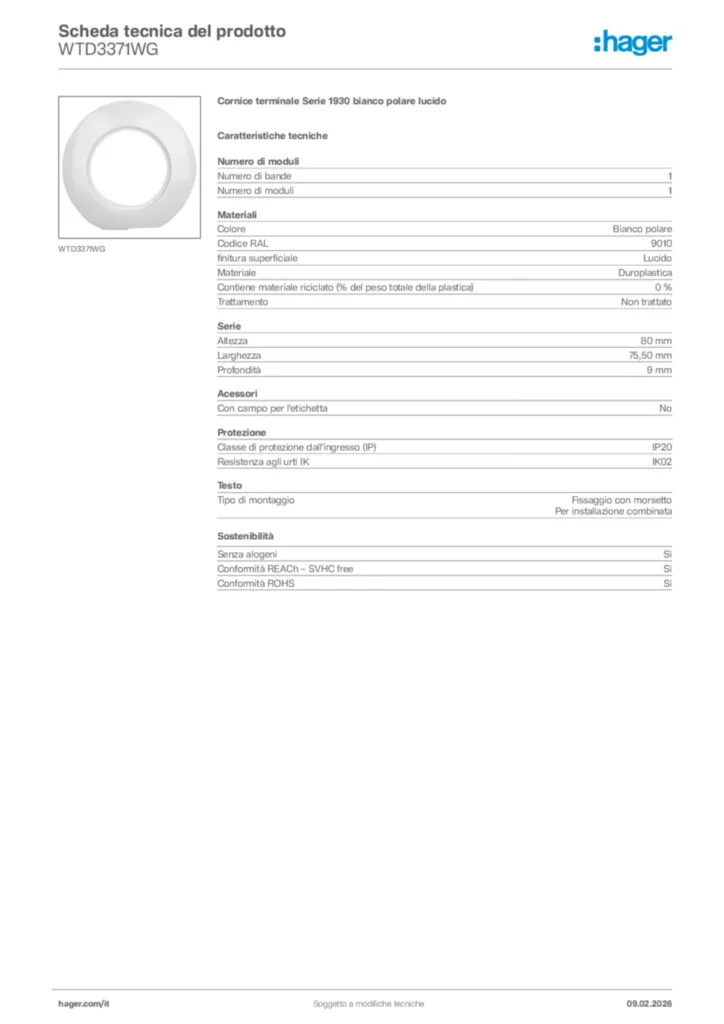 Immagine Hager Scheda tecnica del prodotto WTD3371WG | Hager Italia