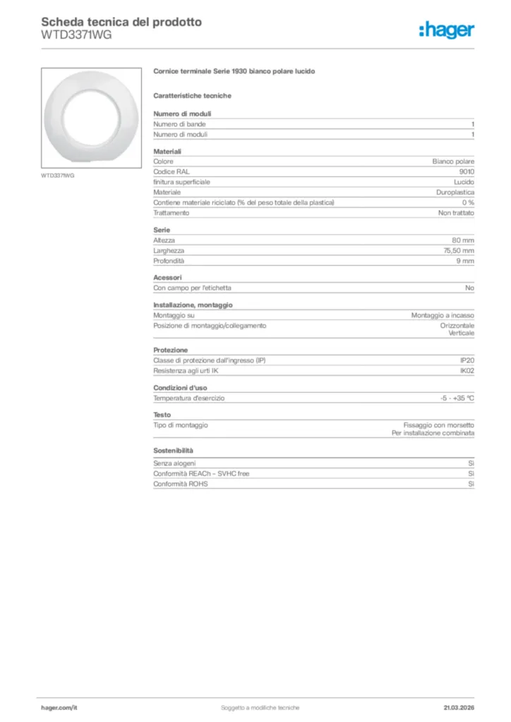 Immagine Hager Scheda tecnica del prodotto WTD3371WG | Hager Italia