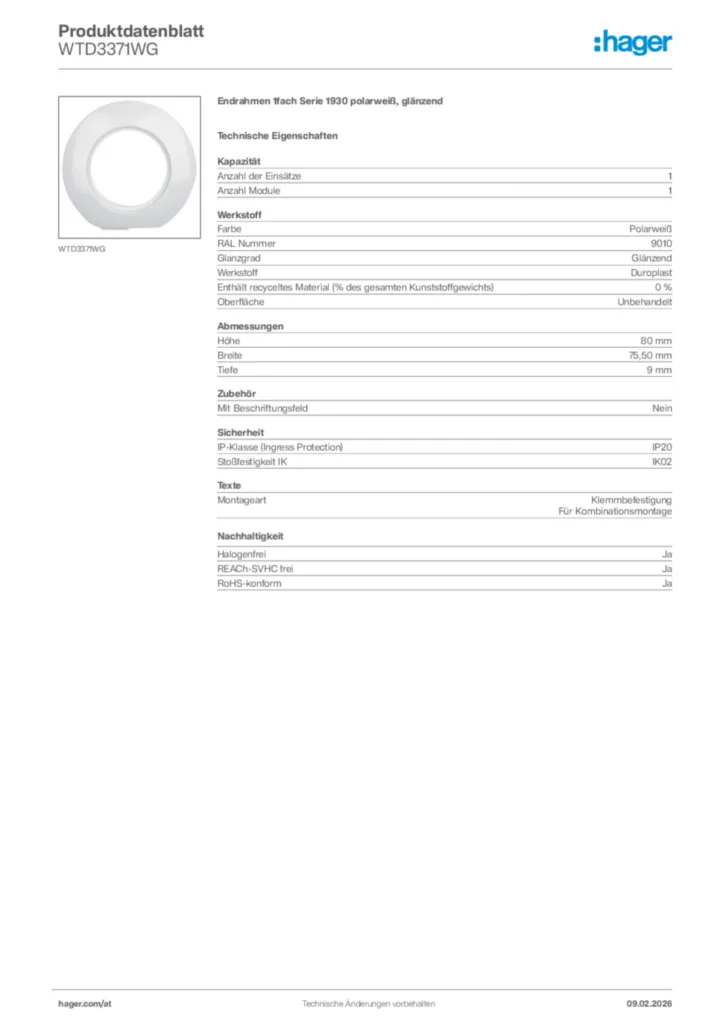 Bild Hager Produktdatenblatt WTD3371WG | Hager Deutschland