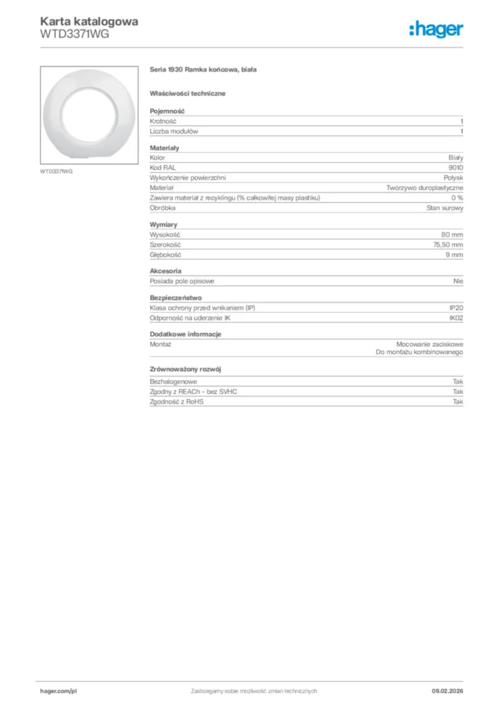 Zdjęcie Hager Karta katalogowa WTD3371WG | Hager Polska