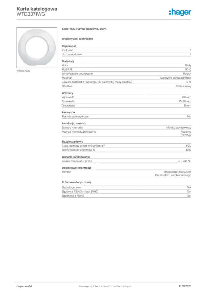 Zdjęcie Hager Karta katalogowa WTD3371WG | Hager Polska
