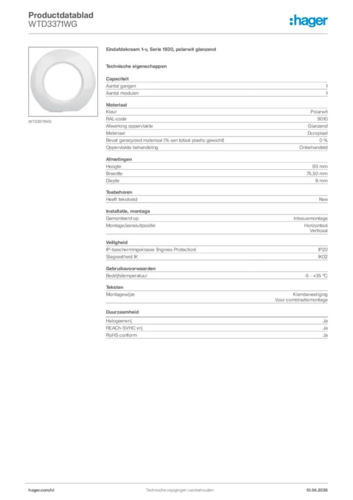 Afbeelding Hager Productdatablad WTD3371WG | Hager Nederland