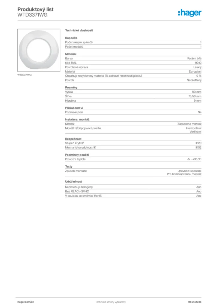 Obrázek Hager Product data sheet WTD3371WG | Hager