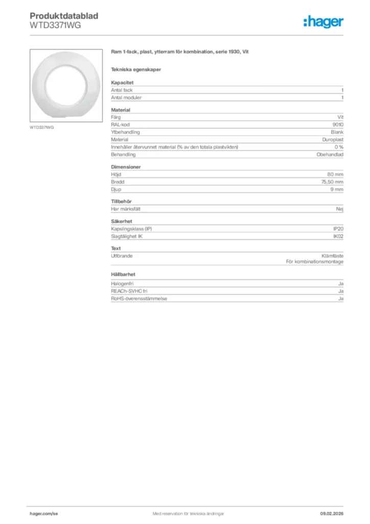 Bild Hager Produktdatablad WTD3371WG | Hager Sverige
