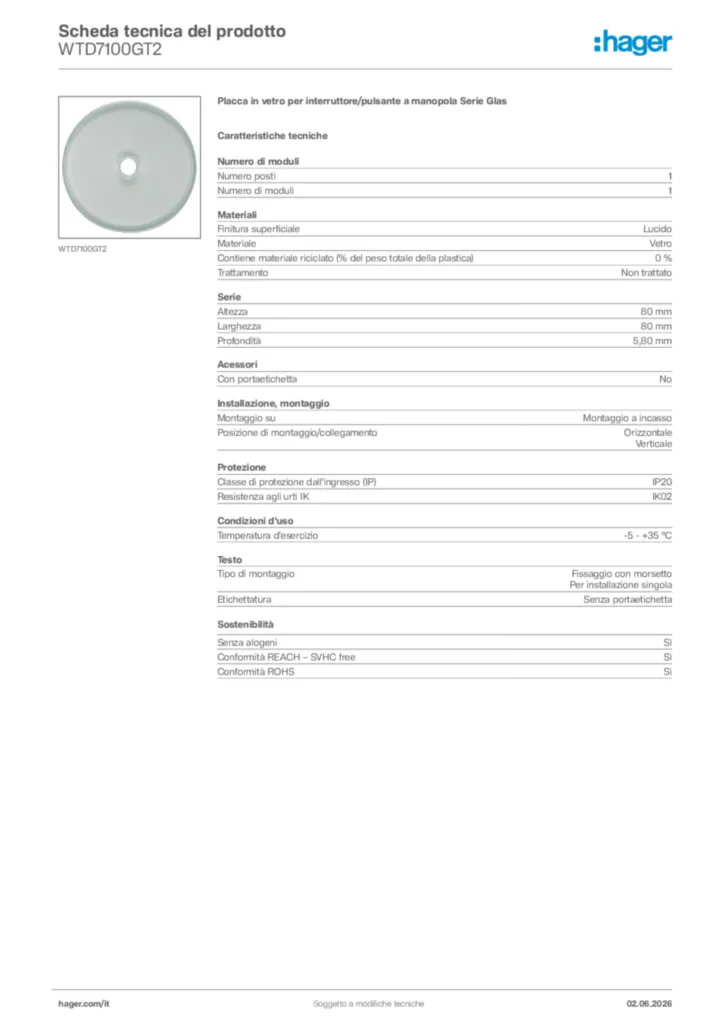 Immagine Hager Scheda tecnica del prodotto WTD7100GT2 | Hager Italia