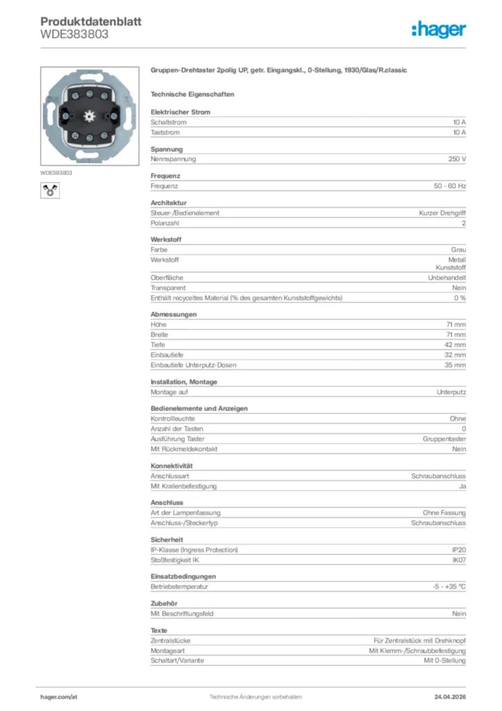 Bild Hager Produktdatenblatt WDE383803 | Hager Deutschland