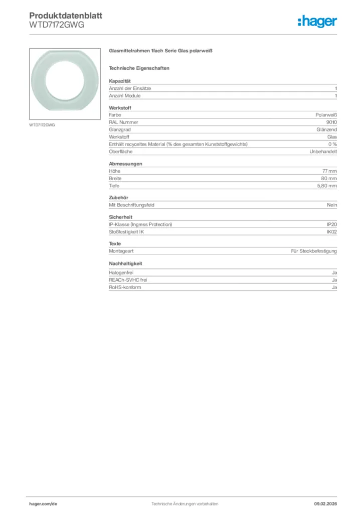 Bild Hager Produktdatenblatt WTD7172GWG | Hager Deutschland