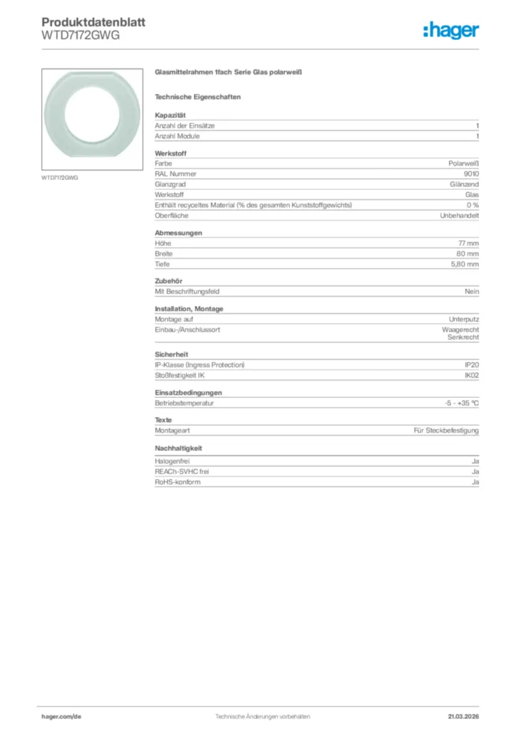 Bild Hager Produktdatenblatt WTD7172GWG | Hager Deutschland